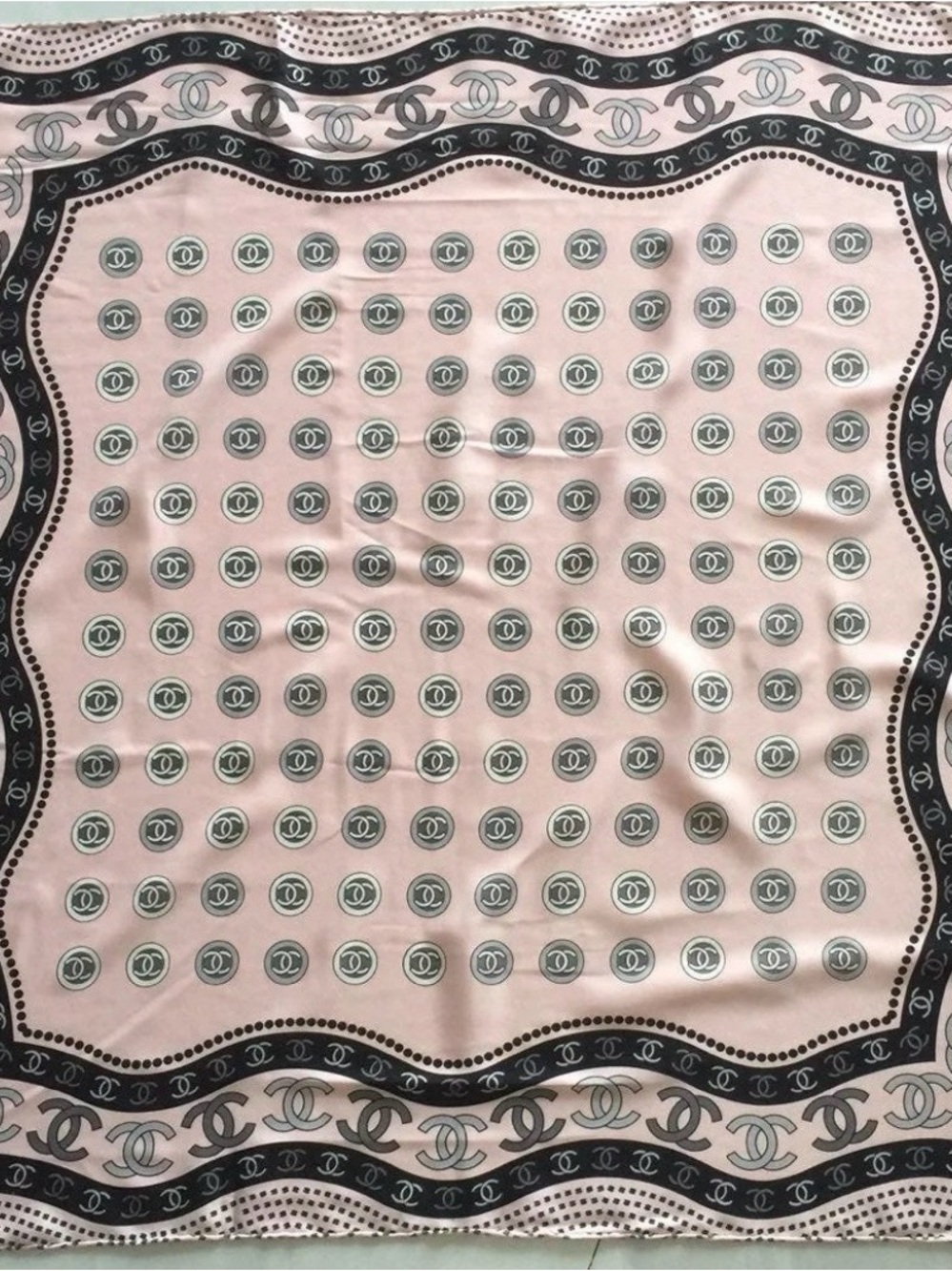 CHANEL Pale Pink and Black CC Motif Silk Scarf